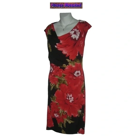 Vintage 90's Dressbarn Dress LBD Red Flower Floral Print Summer Ruched y2k Sz 6 - Picture 3 of 10